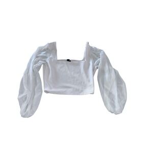 Windsor Beige Sheer Puff Sleeve Square bNeck Crop Top Blouse Womens Large